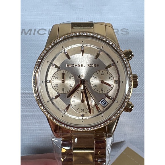 Michael Kors Ritz Chronograph Gold Tone Crystal Bezel Watch  display picture 3